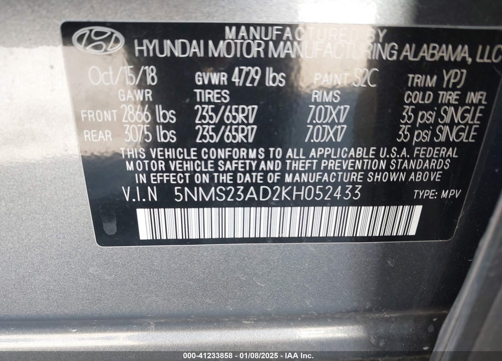 2019 HYUNDAI SANTA FE SE VIN: 5NMS23AD2KH052433