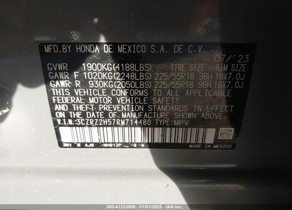 2024 HONDA HR-V AWD SPORT/AWD SPORT W/O BSI VIN: 3CZRZ2H57RM714480