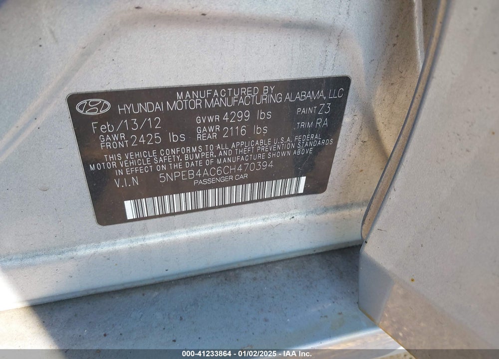 2012 HYUNDAI SONATA VIN: 5NPEB4AC6CH470394