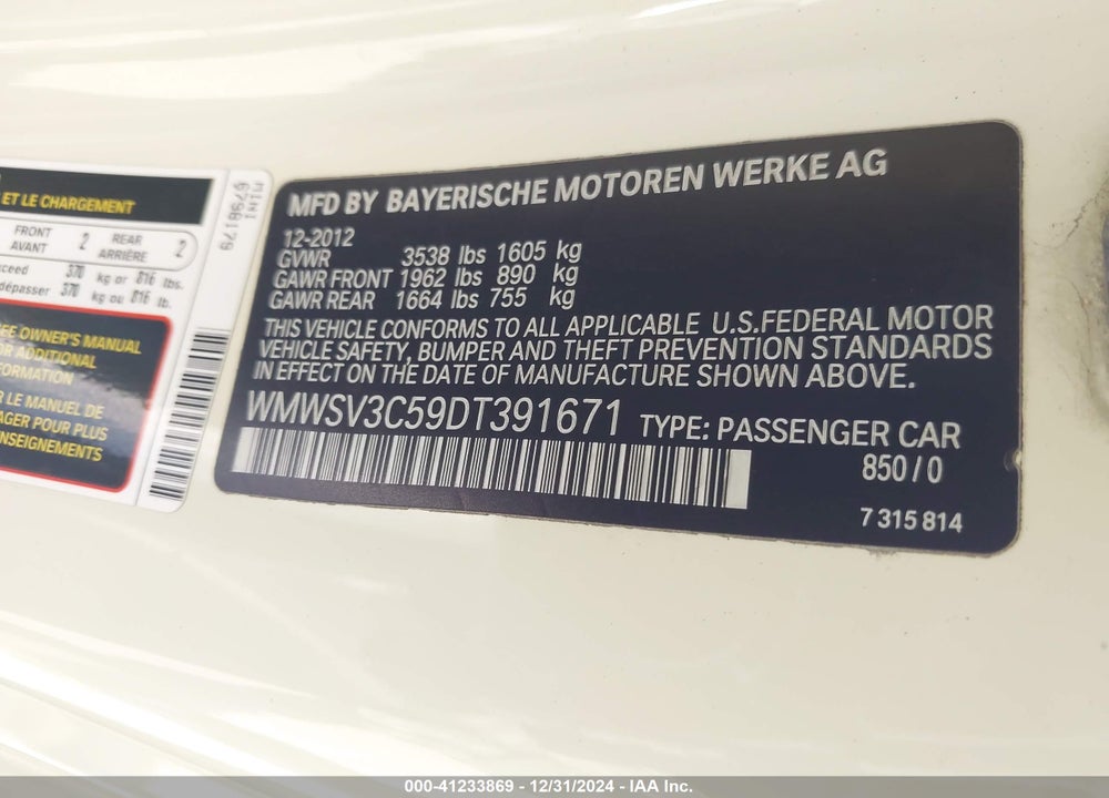 2013 MINI HARDTOP COOPER S VIN: WMWSV3C59DT391671