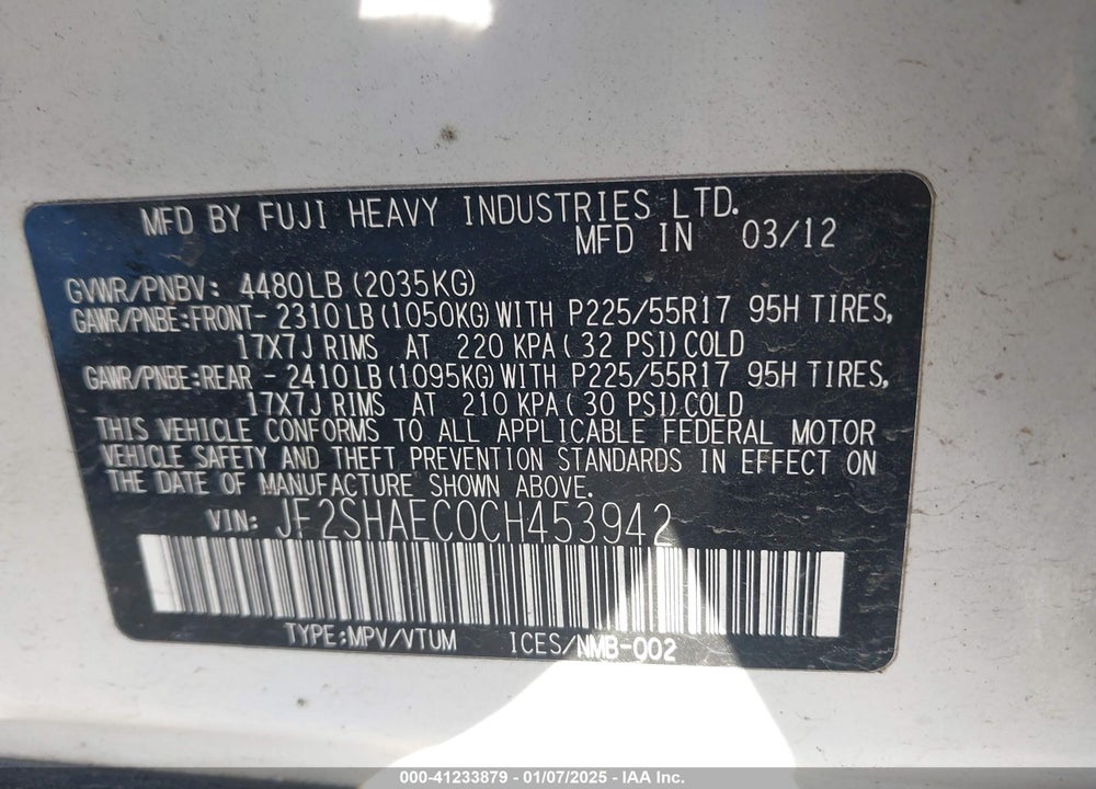2012 SUBARU FORESTER 2.5X LIMITED VIN: JF2SHAEC0CH453942