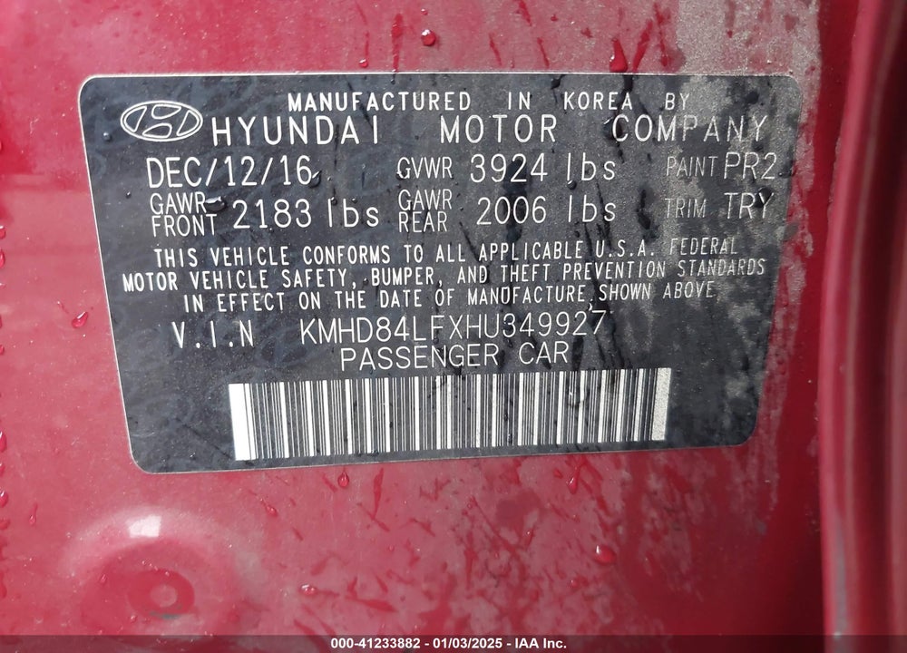 2017 HYUNDAI ELANTRA LIMITED VIN: KMHD84LFXHU349927