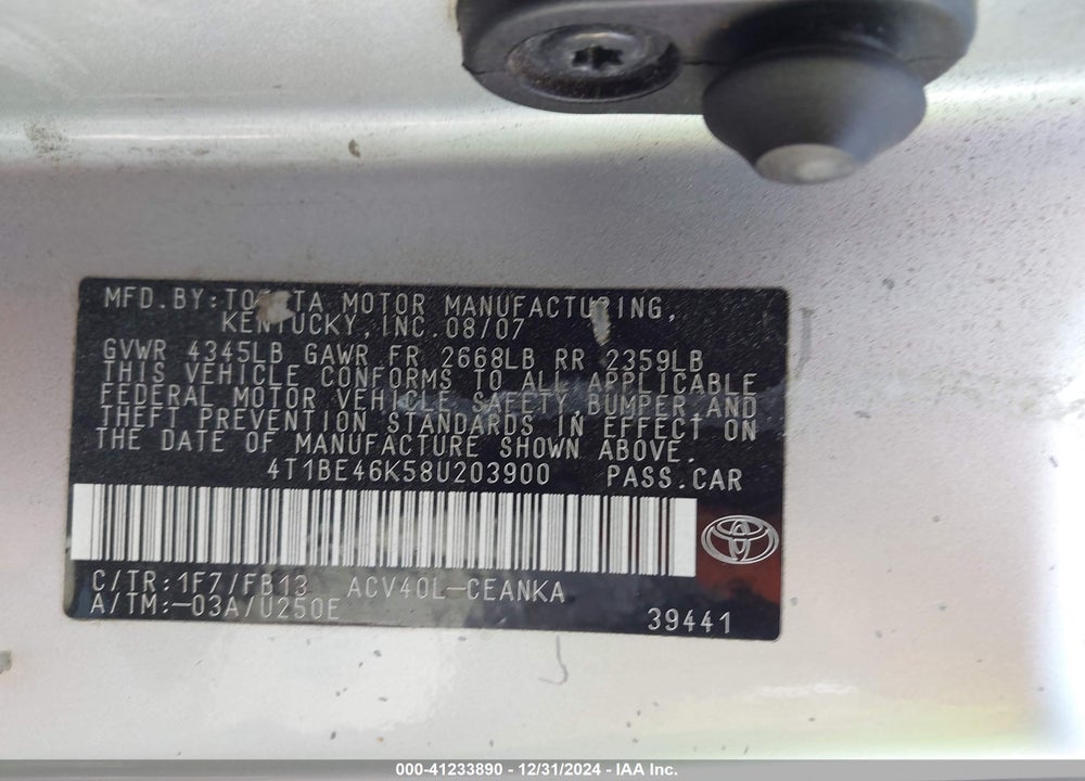 2008 TOYOTA CAMRY LE VIN: 4T1BE46K58U203900