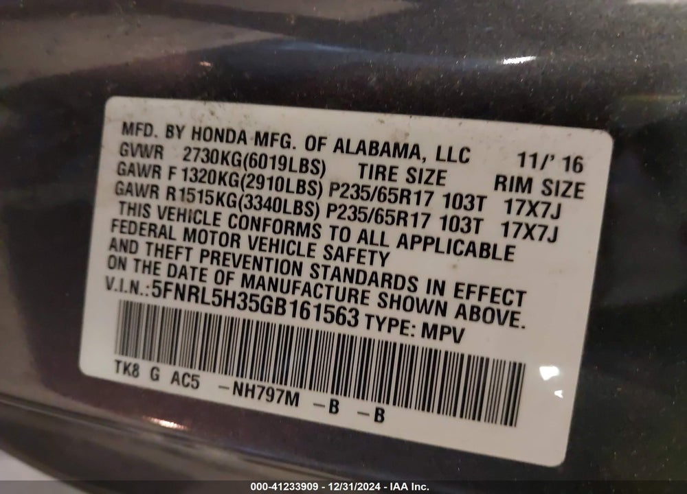2016 HONDA ODYSSEY SE VIN: 5FNRL5H35GB161563