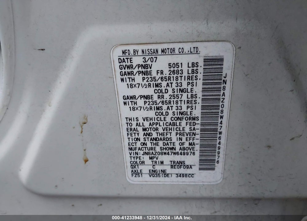 2007 NISSAN MURANO SL VIN: JN8AZ08W47W649976