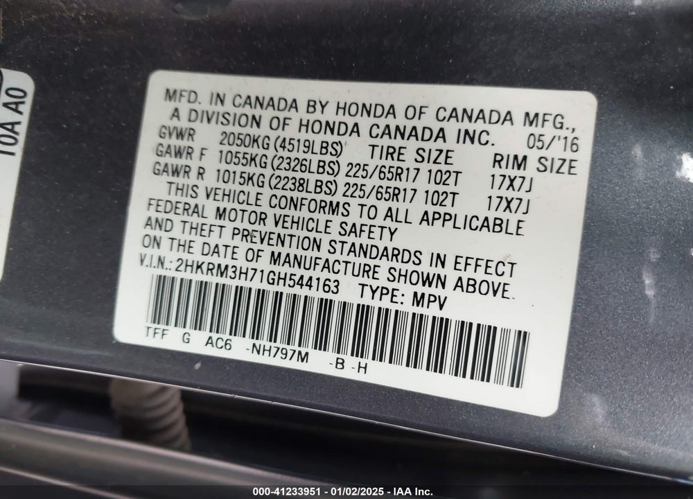 2016 HONDA CR-V EX-L VIN: 2HKRM3H71GH544163