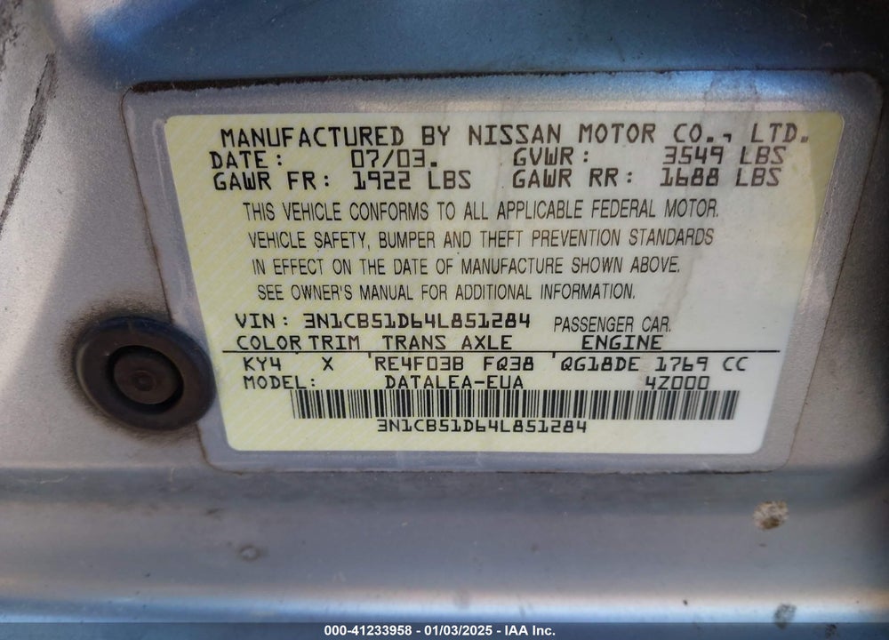 2004 NISSAN SENTRA 1.8S VIN: 3N1CB51D64L851284