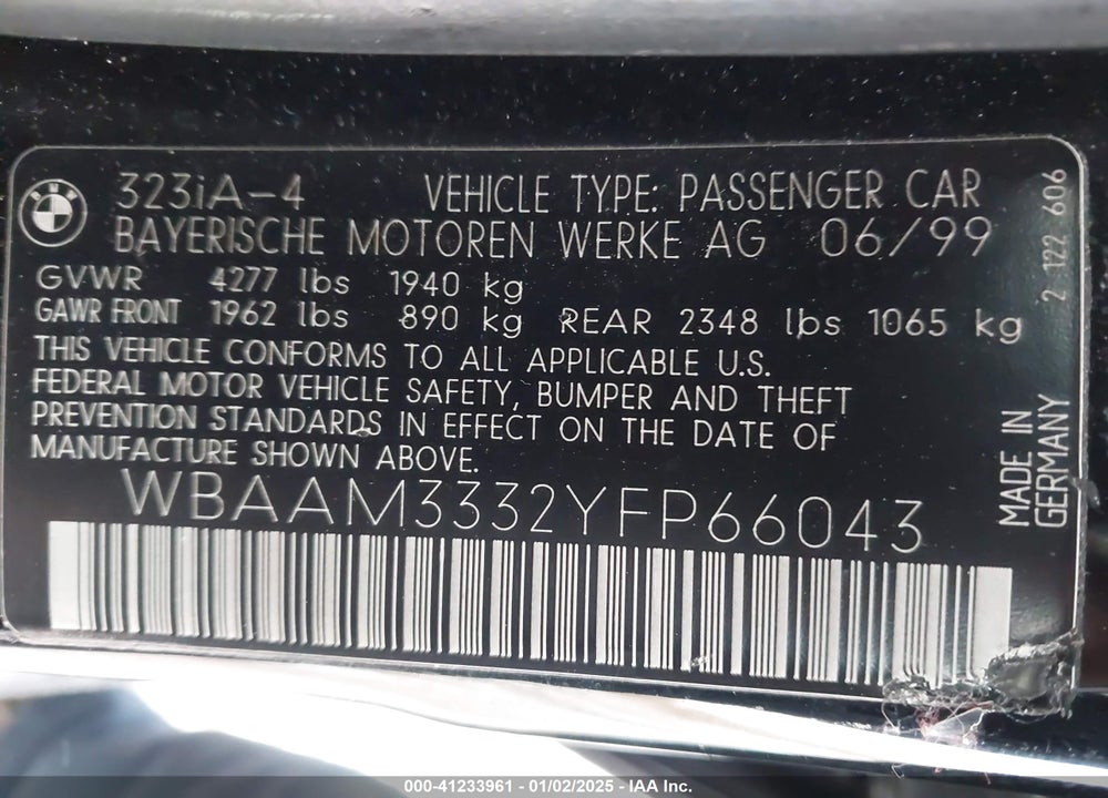 2000 BMW 323I VIN: WBAAM3332YFP66043