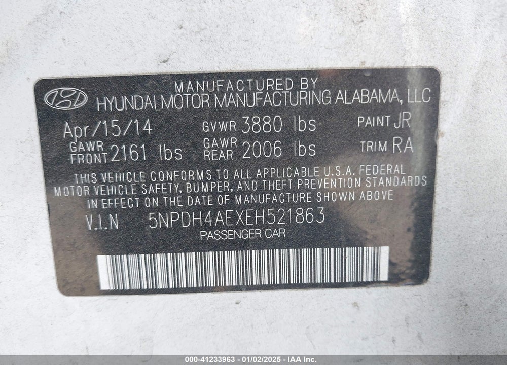 2014 HYUNDAI ELANTRA VIN: 5NPDH4AEXEH521863