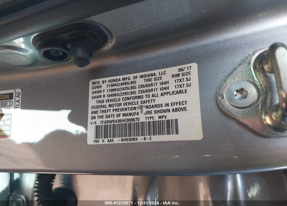 2017 HONDA CR-V LX VIN: 7FARW5H36HE009675