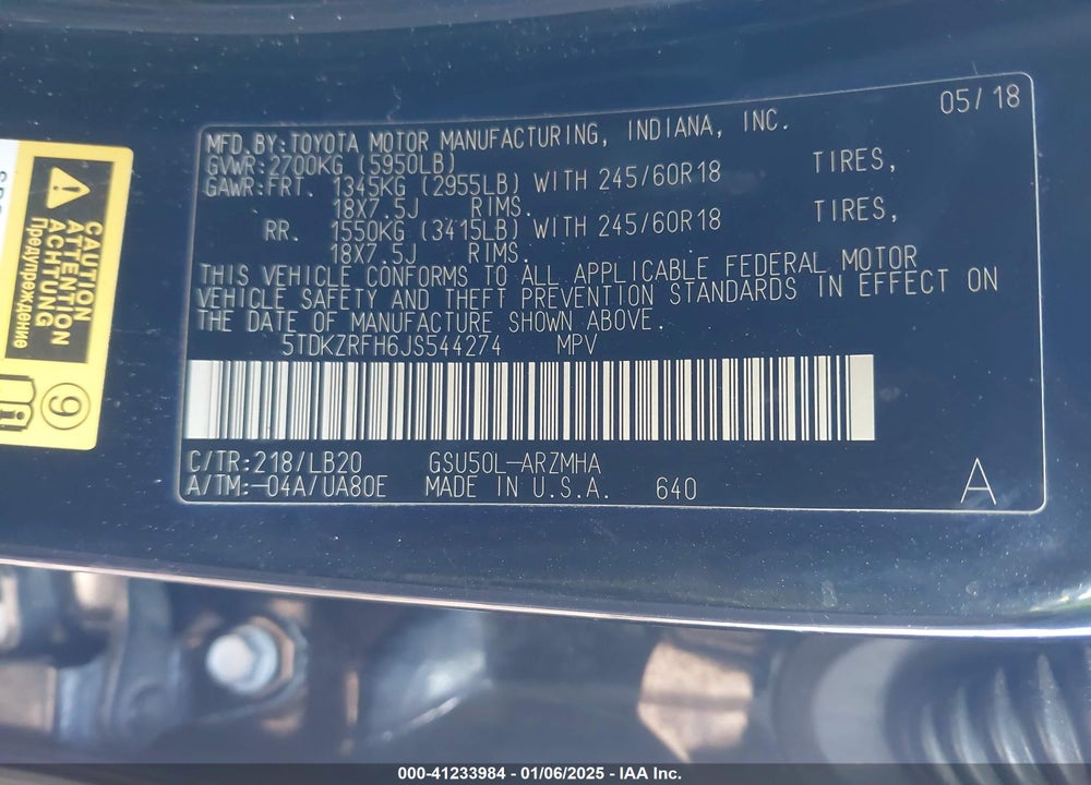 2018 TOYOTA HIGHLANDER XLE VIN: 5TDKZRFH6JS544274