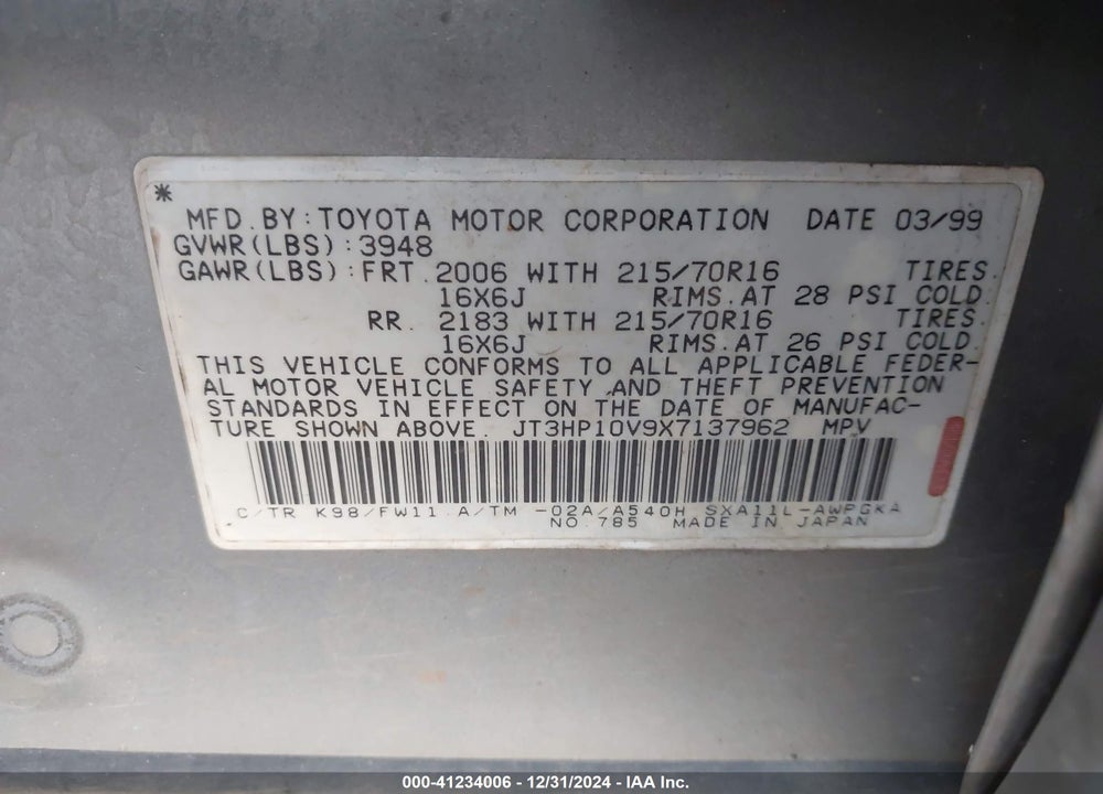 1999 TOYOTA RAV4 VIN: JT3HP10V9X7137962