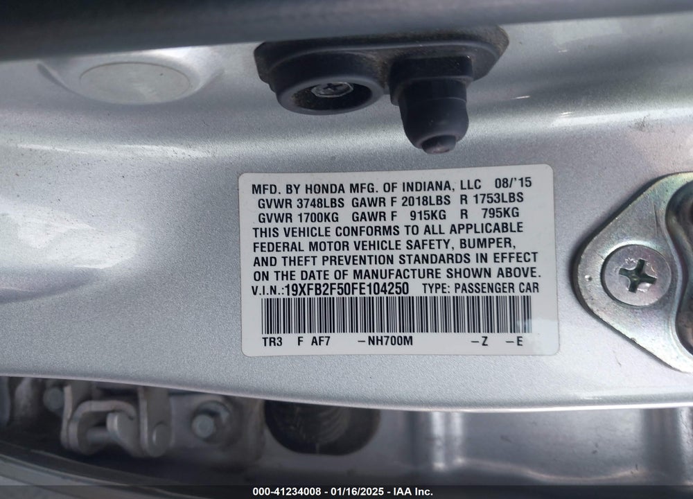 2015 HONDA CIVIC VIN: 19XFB2F50FE104250