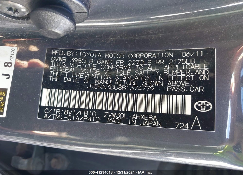 2011 TOYOTA PRIUS TWO VIN: JTDKN3DU8B1374779
