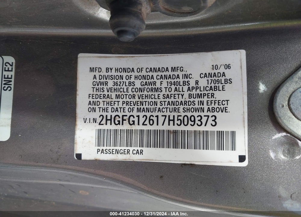 2007 HONDA CIVIC VIN: 2HGFG12617H509373