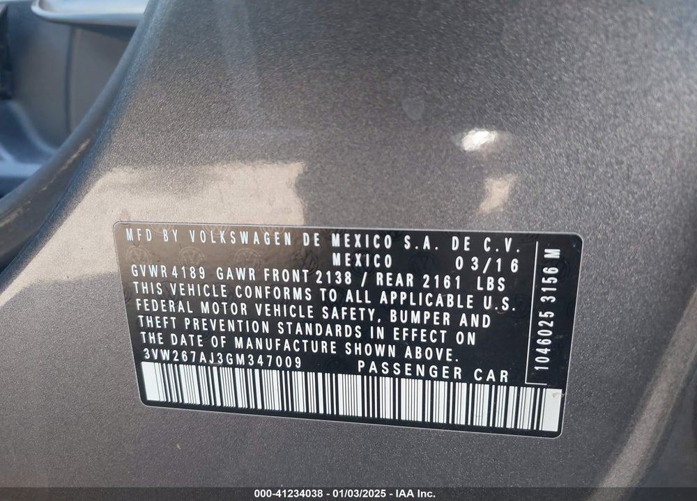2016 VOLKSWAGEN JETTA 1.4T S VIN: 3VW267AJ3GM347009