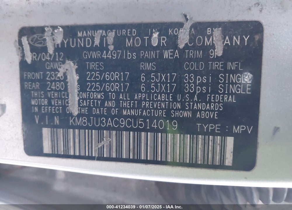 2012 HYUNDAI TUCSON GLS VIN: KM8JU3AC9CU514019