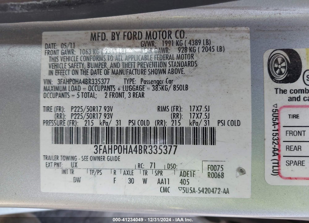 2011 FORD FUSION VIN: 3FAHP0HA4BR335377