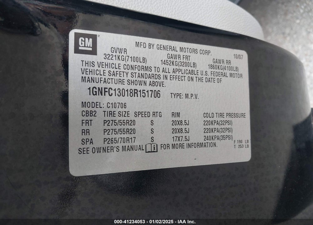2008 CHEVROLET TAHOE LTZ VIN: 1GNFC13018R151706