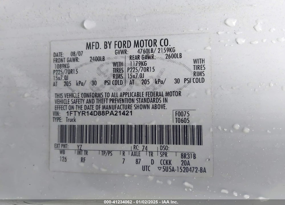 2008 FORD RANGER XL/XLT VIN: 1FTYR14D88PA21421