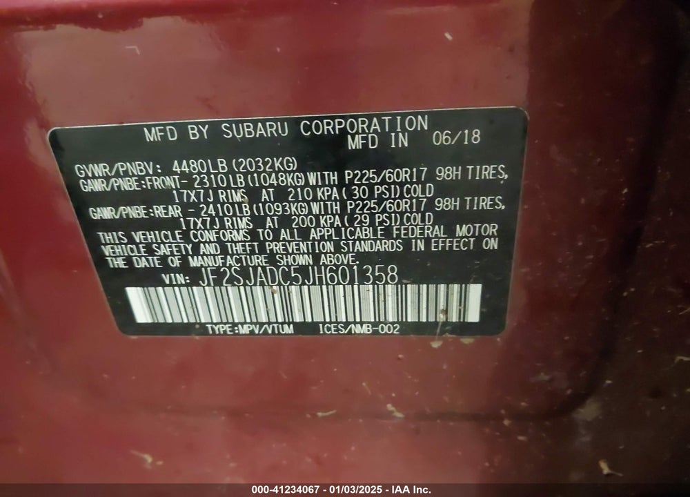 2018 SUBARU FORESTER VIN: JF2SJADC5JH601358