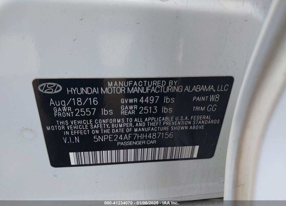 2017 HYUNDAI SONATA VIN: 5NPE24AF7HH487156
