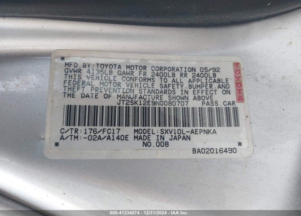 1992 TOYOTA CAMRY LE VIN: JT2SK12E9N0080707