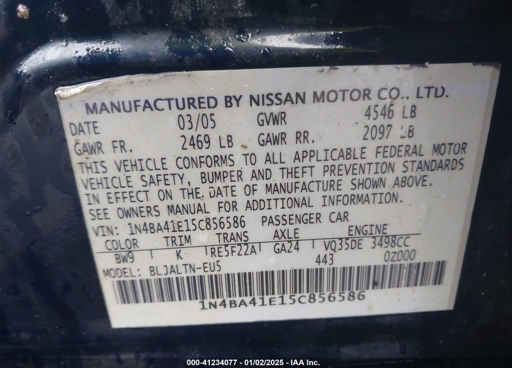 2005 NISSAN MAXIMA 3.5 SE VIN: 1N4BA41E15C856586
