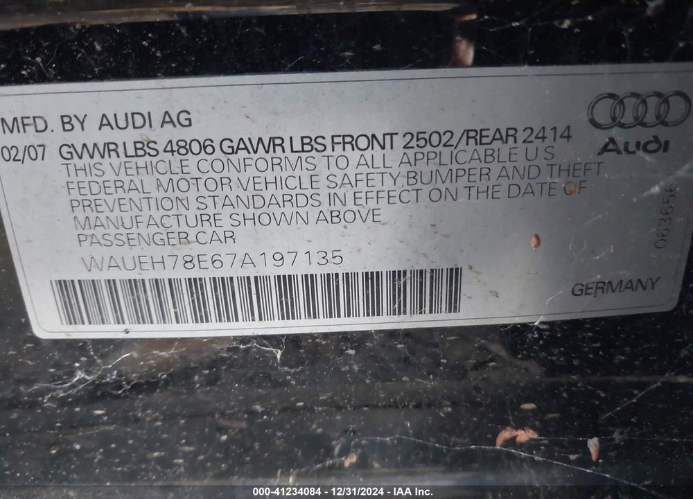 2007 AUDI A4 3.2 VIN: WAUEH78E67A197135