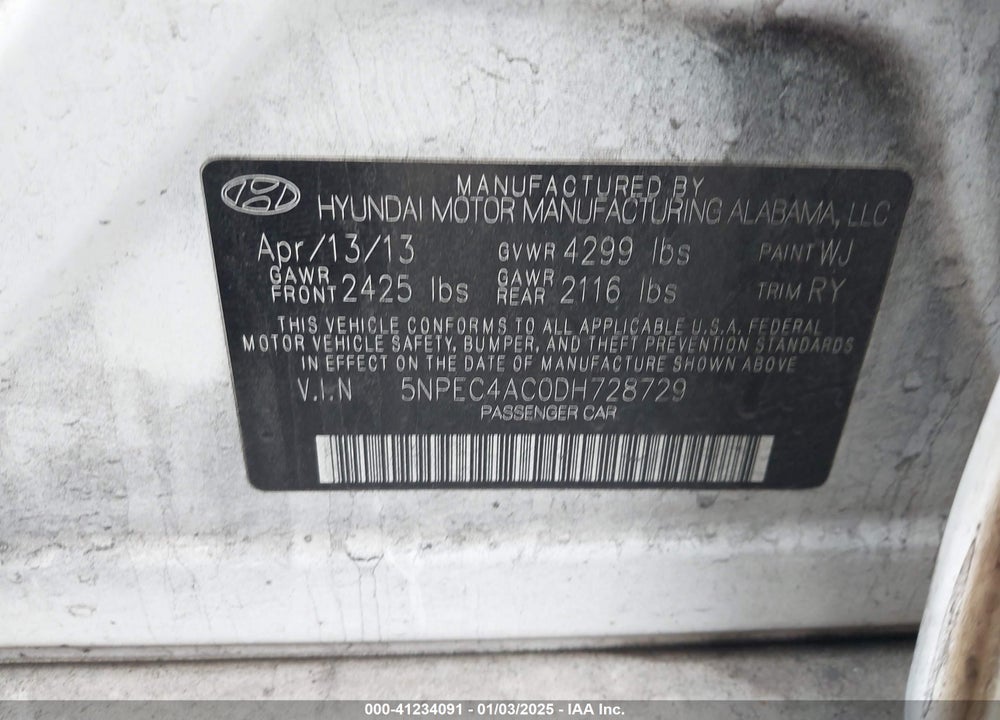 2013 HYUNDAI SONATA VIN: 5NPEC4AC0DH728729