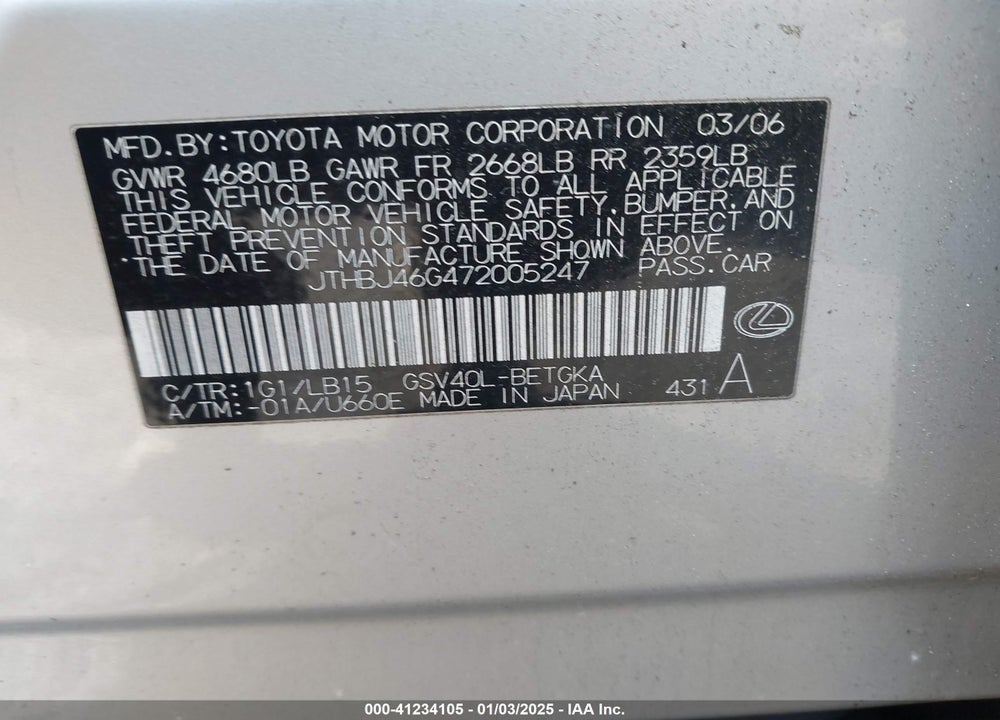 2007 LEXUS ES 350 VIN: JTHBJ46G472005247