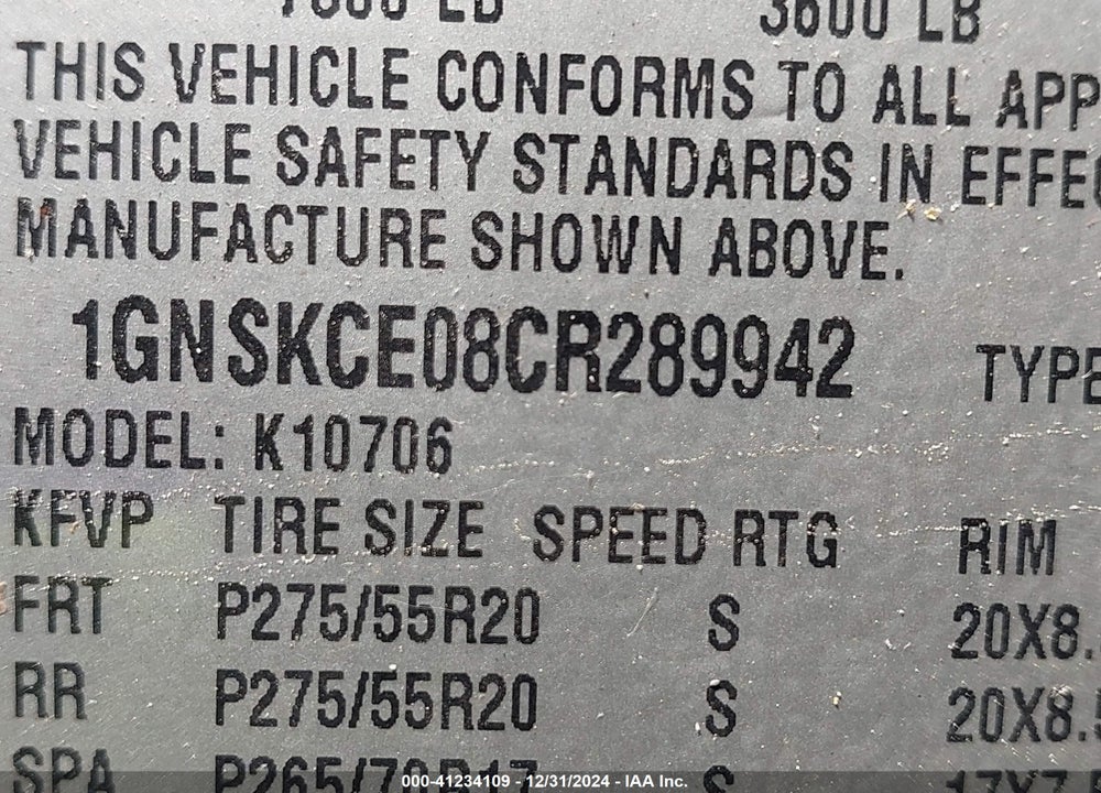 2012 CHEVROLET TAHOE LTZ VIN: 1GNSKCE08CR289942