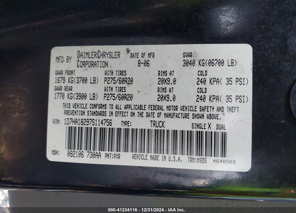 2007 DODGE RAM 1500 SLT VIN: 1D7HA18297S114756