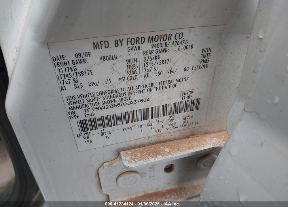 2010 FORD F-250 VIN: 1FTSW2B56AEA37604