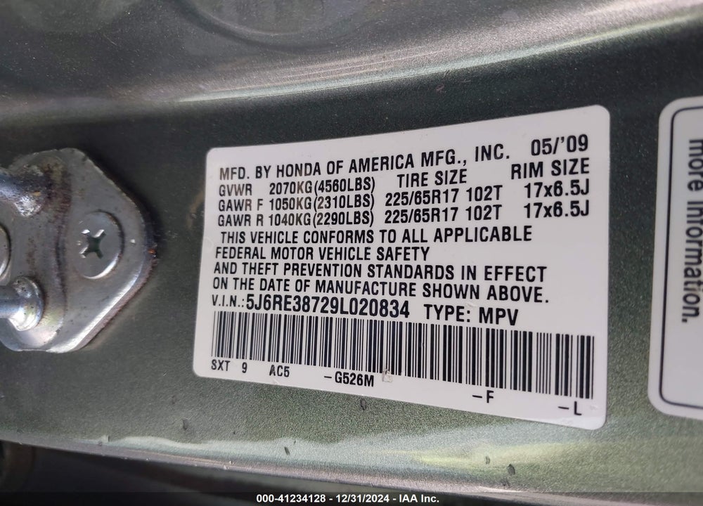 2009 HONDA CR-V EX-L VIN: 5J6RE38729L020834