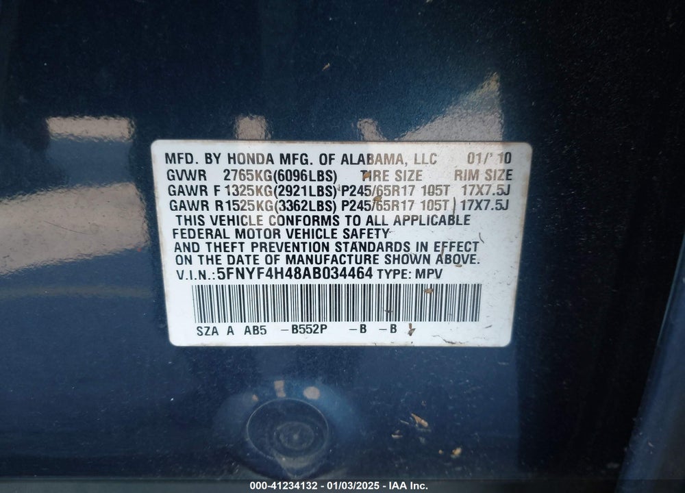 2010 HONDA PILOT EX VIN: 5FNYF4H48AB034464