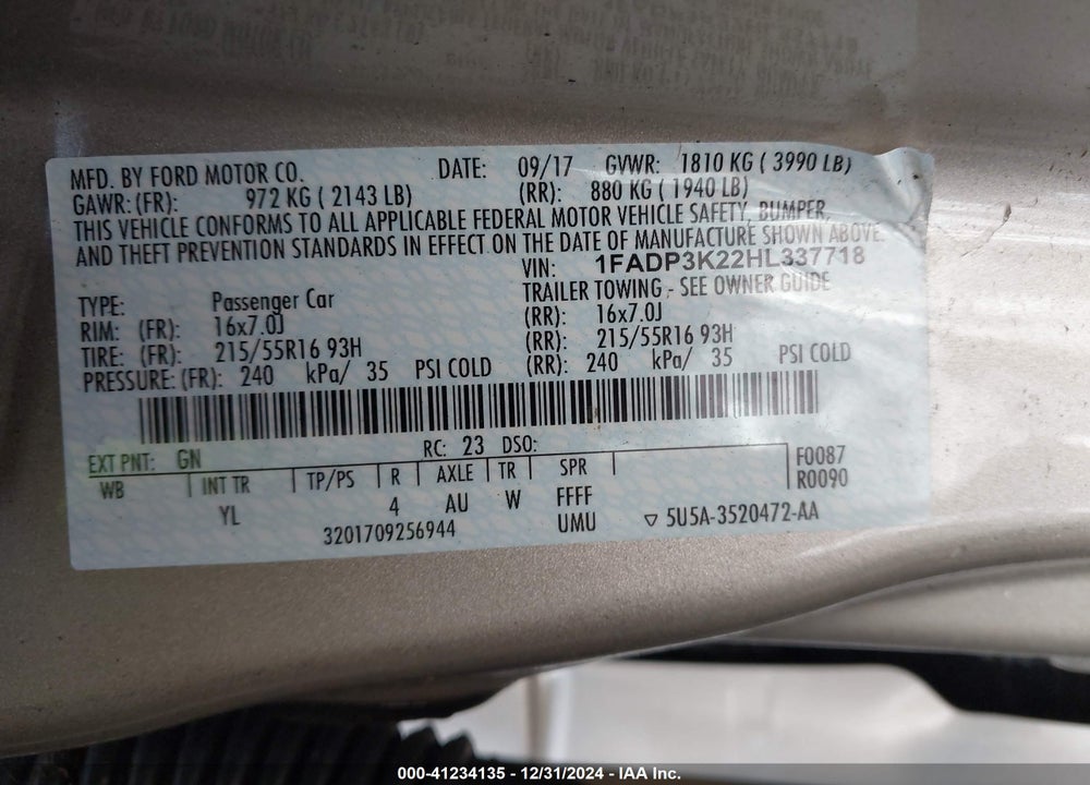 2017 FORD FOCUS VIN: 1FADP3K22HL337718