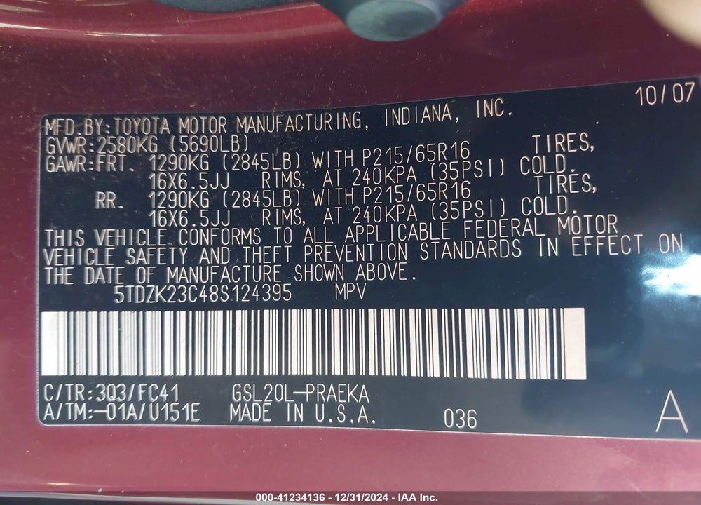 2008 TOYOTA SIENNA LE VIN: 5TDZK23C48S124395
