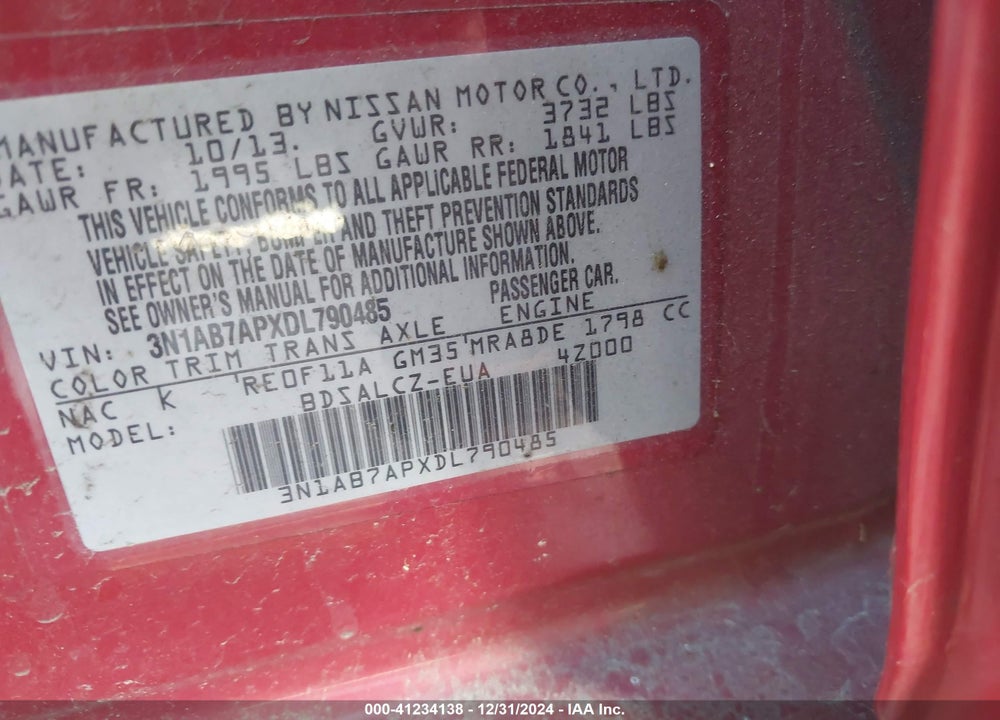 2013 NISSAN SENTRA S VIN: 3N1AB7APXDL790485