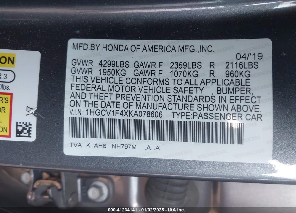 2019 HONDA ACCORD VIN: 1HGCV1F4XKA078606