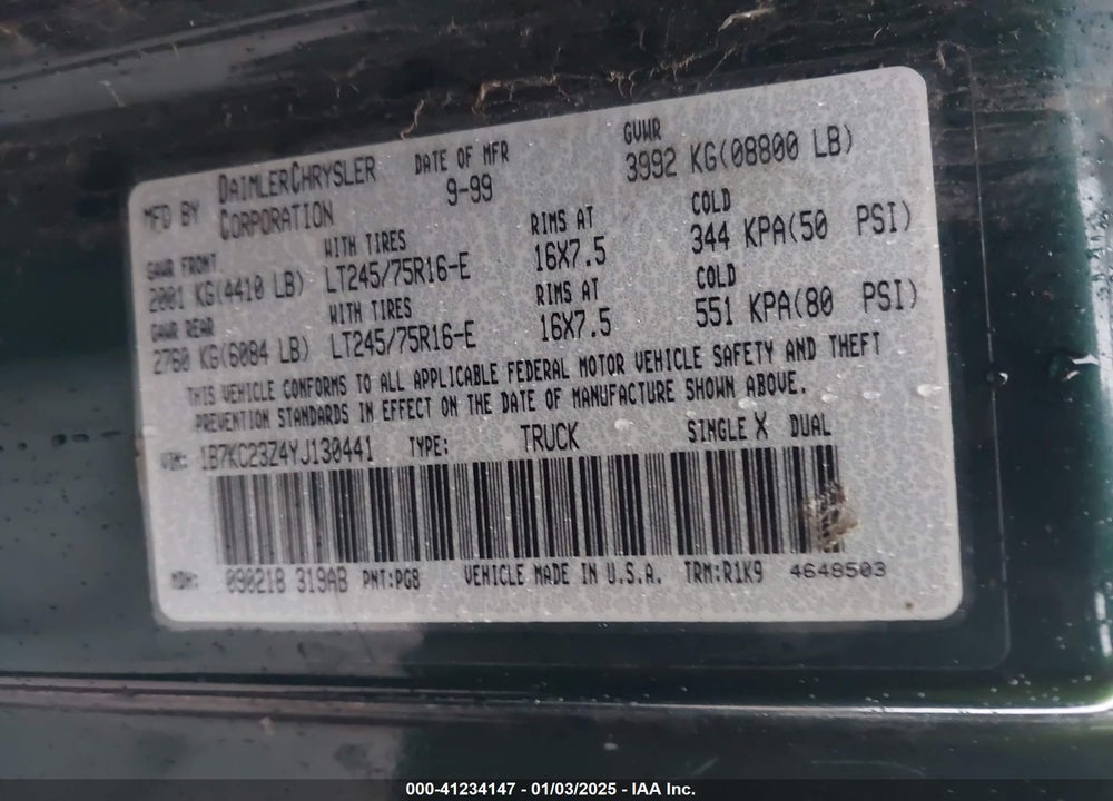 2000 DODGE RAM 2500 ST VIN: 1B7KC23Z4YJ130441