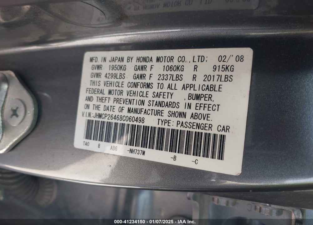 2008 HONDA ACCORD VIN: JHMCP26468C060498