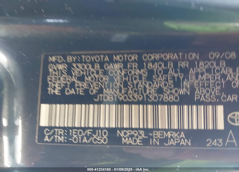 2009 TOYOTA YARIS VIN: JTDBT903391307880
