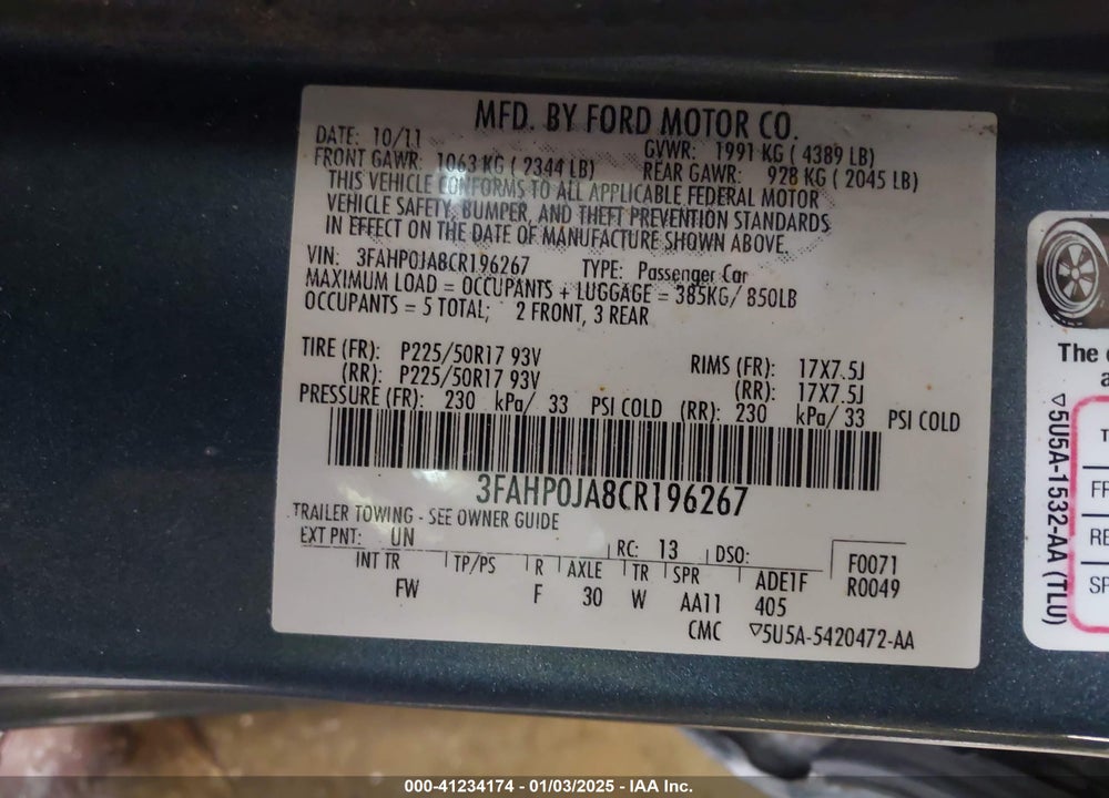 2012 FORD FUSION SEL VIN: 3FAHP0JA8CR196267