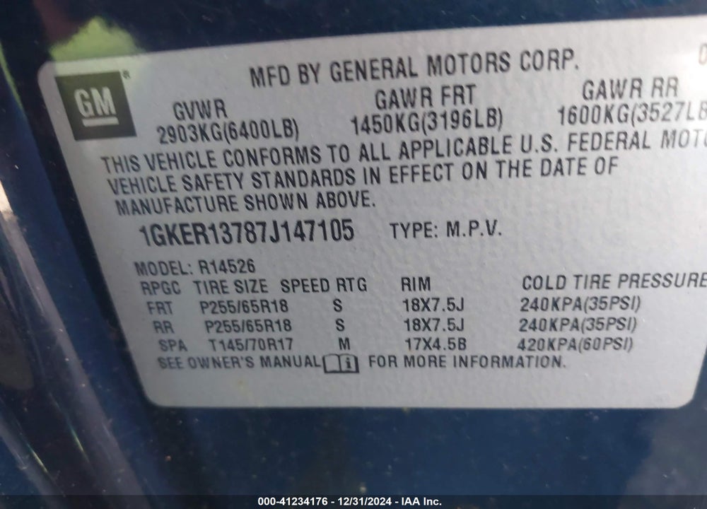 2007 GMC ACADIA SLE-1 VIN: 1GKER13787J147105
