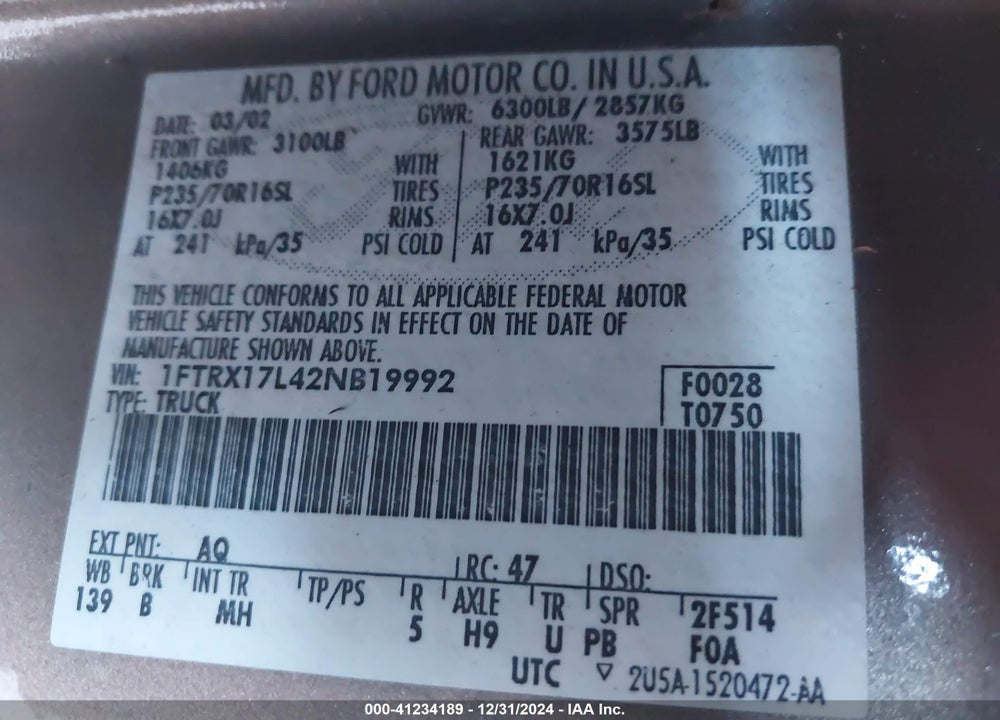 2002 FORD F-150 LARIAT/XL/XLT VIN: 1FTRX17L42NB19992