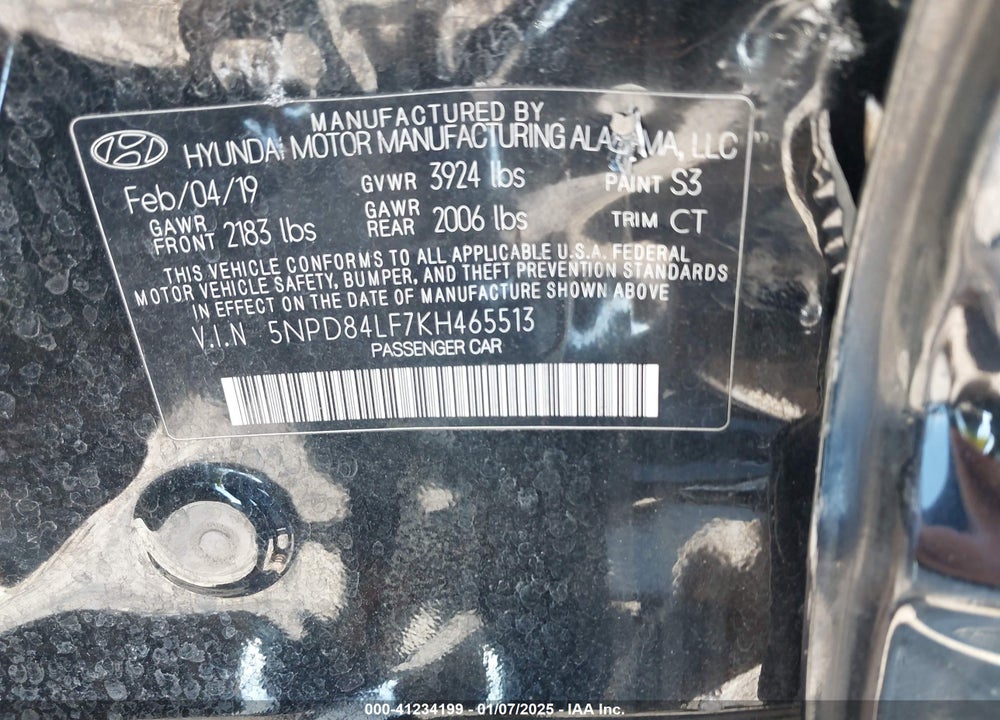 2019 HYUNDAI ELANTRA SEL/VALUE/LIMITED VIN: 5NPD84LF7KH465513