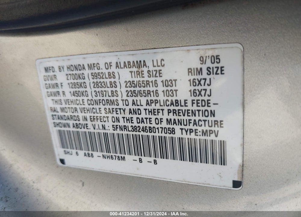 2006 HONDA ODYSSEY LX VIN: 5FNRL38246B017058