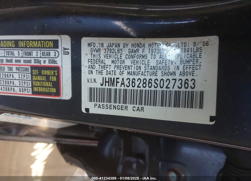 2006 HONDA CIVIC HYBRID VIN: JHMFA36286S027363