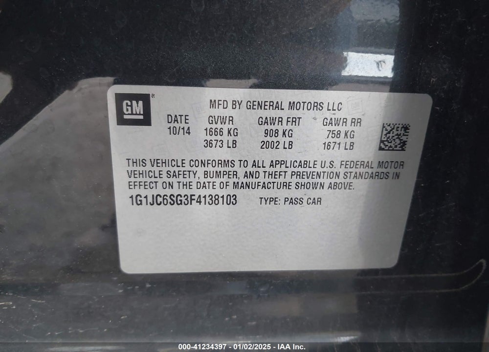 2015 CHEVROLET SONIC VIN: 1G1JC6SG3F4138103
